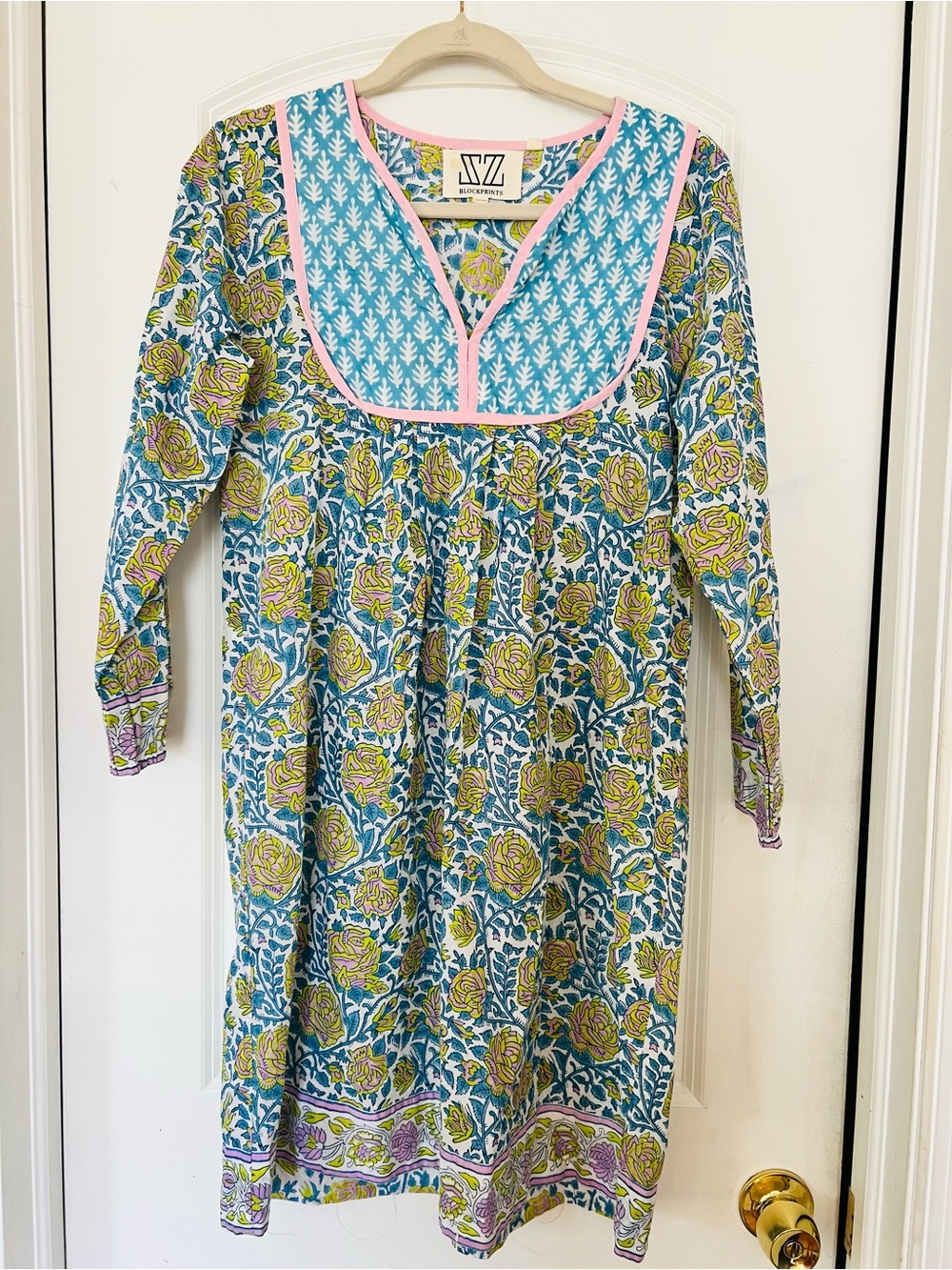Anthropologie SZ Blockprints Long Sleeve Floral Shift Dress in Blue and Green